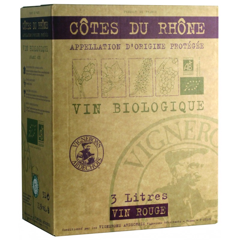 Bag In Box 3 litres Côtes du Rhône "Bio" Vignerons Ardéchois (Rouge)